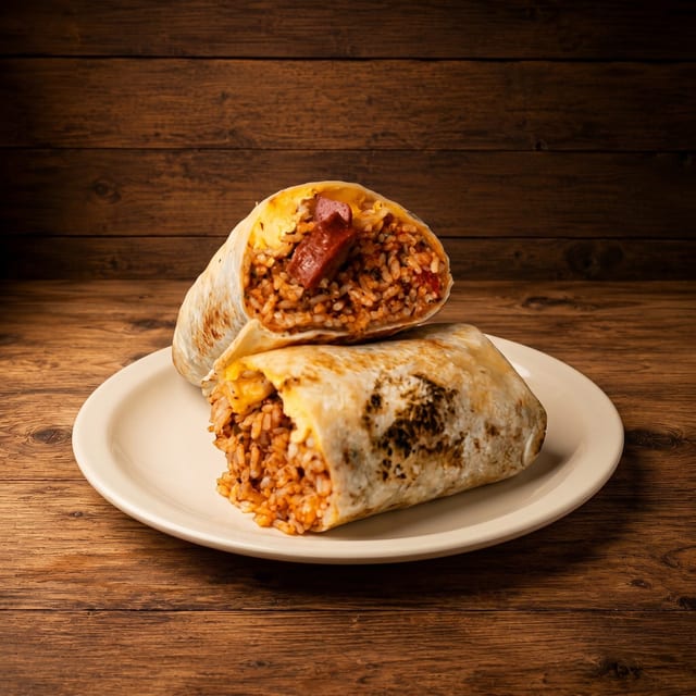 Chorizo y Papas / Sausage & Potato Burrito.